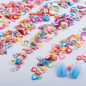 2000pcs/pack Nail Art 3D Fruit Feather Heart Flower Candy Animal dessert Mixed Designs Tiny Fimo Slices Polymer Clay Nail Sticker Decoration image 1