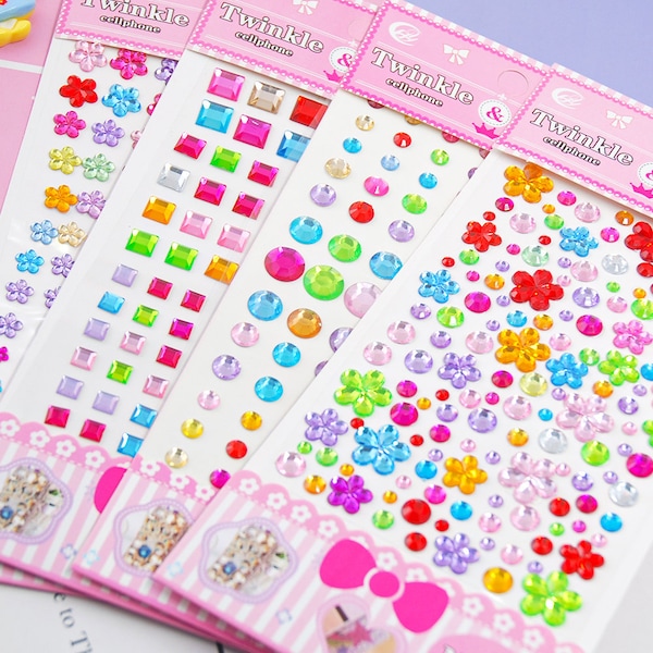 23x10mm Mixed Color Round Flower Square Acrylic Shining Rhinestones Cute Children's Self Adhesive Sticker For DIY Bling Decoration 1Sheet