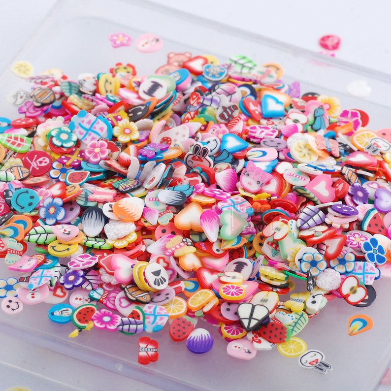2000pcs/pack Nail Art 3D Fruit Feather Heart Flower Candy Animal dessert Mixed Designs Tiny Fimo Slices Polymer Clay Nail Sticker Decoration image 4