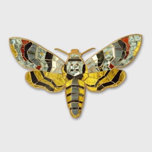 Insect decoration  Death&#39;s-head hawkmoth Skull Sphinx  Acherontia atropos  on glass and plywood mosaic yellow grey black
