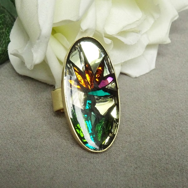 bague cocktail ovale fleur strelitzia exotique extravagant mosaïque verre