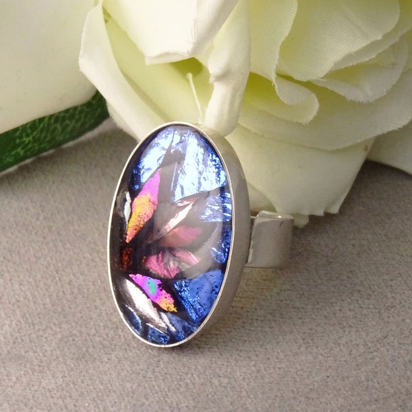 bague cocktail ovale fleur bleu rose mosaïque verre