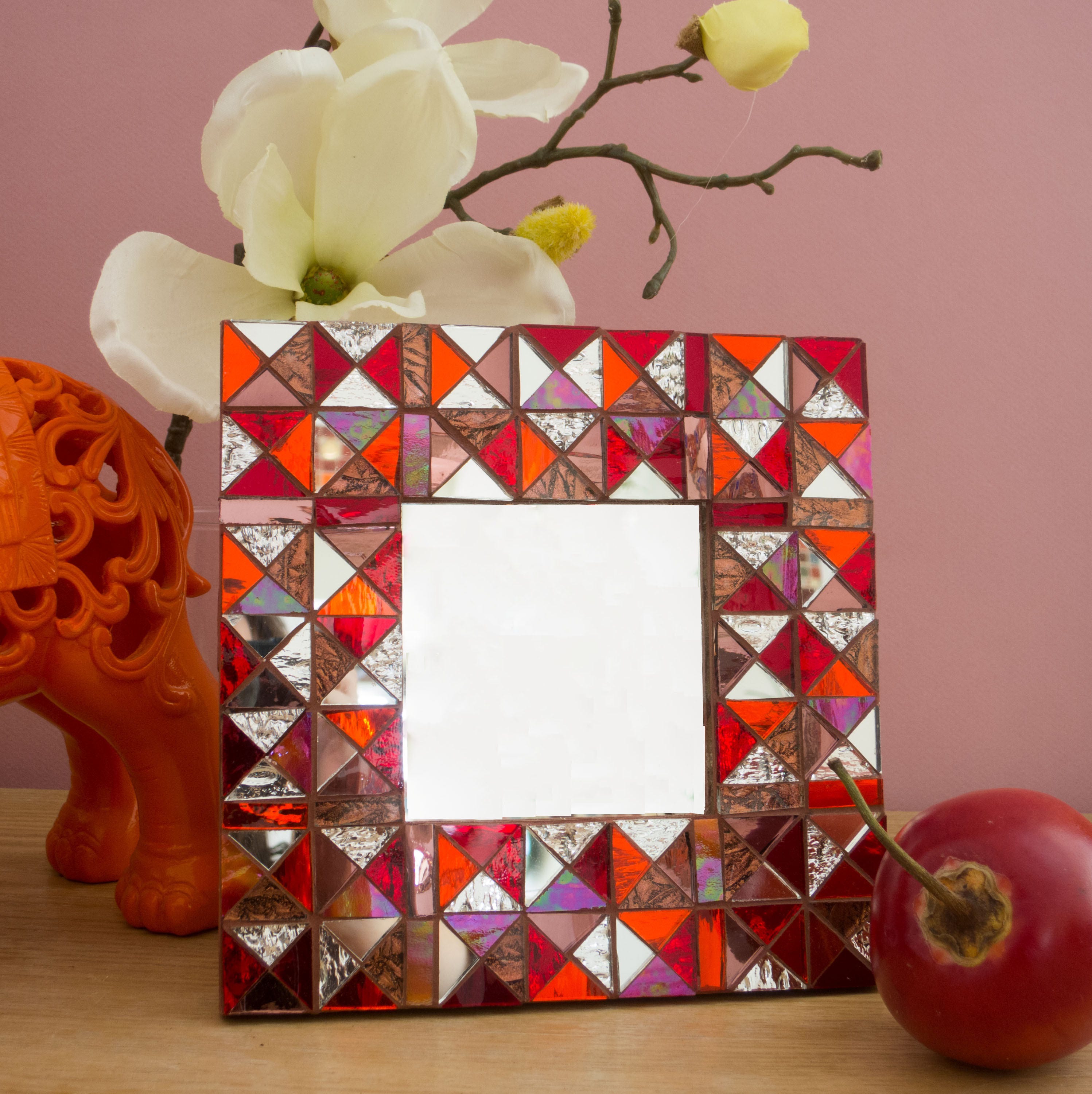 Miroir Cadre Mosaïque de Verre Graphique Orange Rouge Cuivre Rose Fuchsia