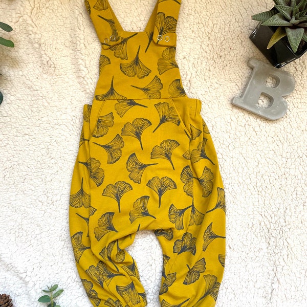 Long romper with cross back | romper | dungarees | overalls | baby overalls | baby dungarees  |mustard Gingko 3-6m READY TO SHIP