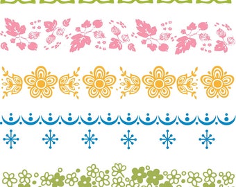May include: A collection of decorative border designs in various styles. The designs include rooster and people illustrations, geometric shapes, floral patterns, and snowflakes. The color palette includes red, orange, blue, green, pink, and yellow.