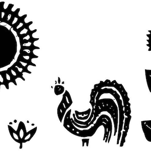Puede incluir: Ilustración en blanco y negro de un patrón repetitivo de girasoles y gallos estilizados. Los girasoles tienen un centro circular simple y un anillo de pétalos. Los gallos están estilizados con un cuerpo redondeado y una cola larga y curvada.