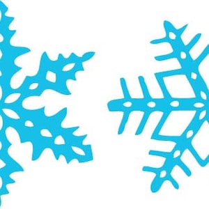May include: Six blue snowflake illustrations on a white background. The snowflakes are all different designs, but they all have a similar shape and style.