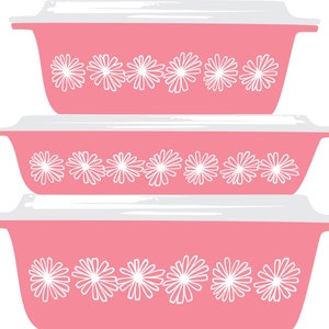 May include: Three pink casserole dishes with white lids and a white daisy pattern. The dishes are stacked on top of each other.