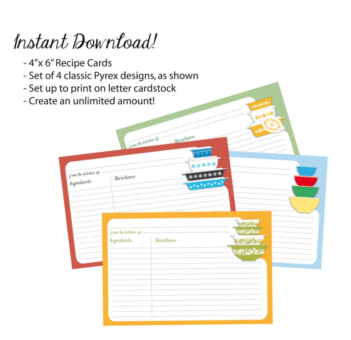 Pyrex Sim Card Pyrex Patterns Recipe Cards Digital Download, 4