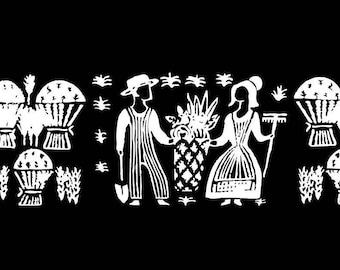 May include: Black and white illustration of two people, a man and a woman, standing in a field. The man is holding a shovel and the woman is holding a rake. There are plants and baskets of wheat in the background.