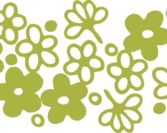 May include: A repeating pattern of green and white flowers. The flowers are stylized and have a retro look.