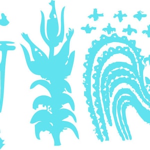 以下が含まれることがあります： 青と白のフォークアートスタイルのイラスト。農夫、女性、雄鶏、小麦畑が描かれています。イラストはヴィンテージスタイルです。