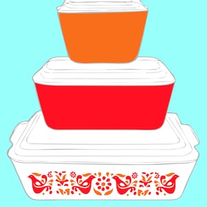 May include: A set of three nesting storage containers with lids. The top container is orange, the middle container is red, and the bottom container is white with a red and orange floral design.
