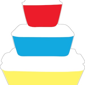 Może przedstawiać: Zilustrowana kompozycja trzech kolorowych pojemników. Górny pojemnik jest czerwony, środkowy niebieski, a dolny żółty. Wszystkie pojemniki mają biały kontur i białe wnętrze.