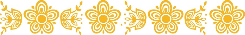 May include: A row of seven yellow stylized floral designs with intricate details. The designs are all similar but have slight variations in their shapes and patterns.