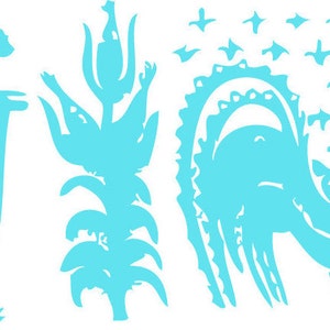 Puede incluir: Tres ilustraciones estilizadas en color azul claro. La primera ilustración es de una persona sosteniendo un palo. La segunda ilustración es de una planta con hojas. La tercera ilustración es de un pájaro con las alas extendidas.