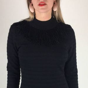 Vintage 60's black shadow stripe fitted knit fringe detail dress image 3