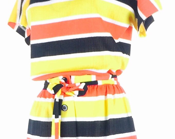 Vintage 60's 2 pc. candy corn horizontal stripe A-line button up  maxi skirt and boxy top