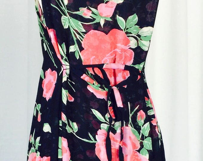 Vintage 90's rayon two layer dark floral rose print maxi dress
