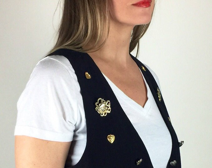 Vintage 80's 90's gold silver jeweled heart button detail embellishment vest