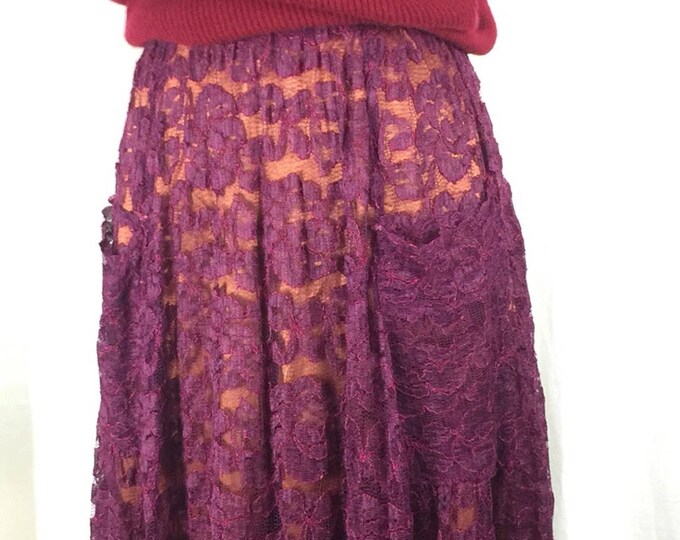 Vintage 70's 80's designer tri color lace satin midi length skirt