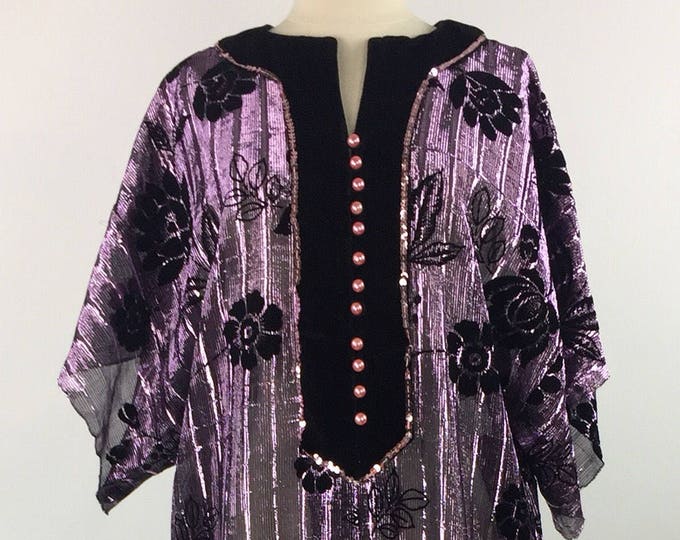 Vintage 80's black metallic pink burnout flocked velvet rose print kurta caftan robe