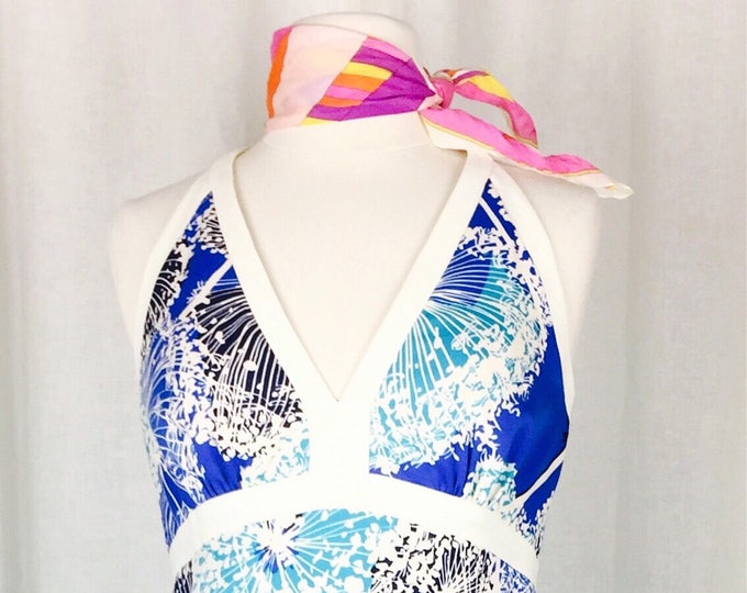 Vintage 60's mod geometric blue floral Hawaiian Marimekko like print empire style A line maxi length dress
