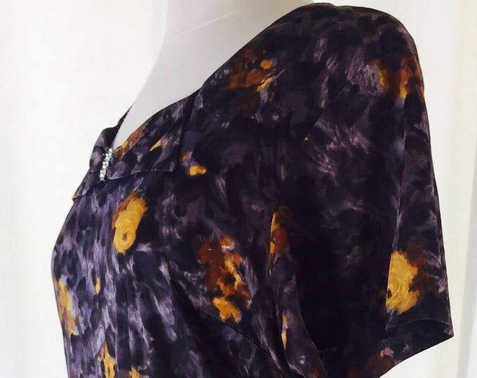 Vintage 40's 50's abstract watercolor like floral print drop waist lady day dress