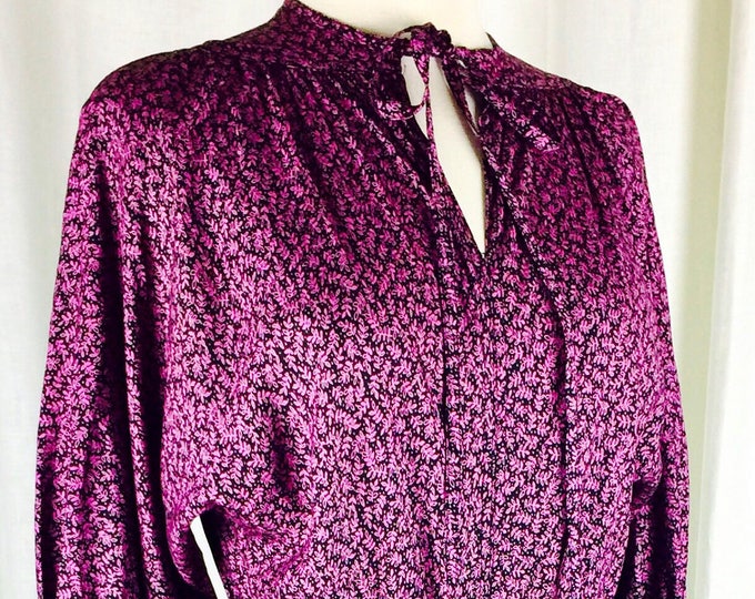 Vintage 70's Boho romance Stevie Nicks black pink floral print tie neck dress