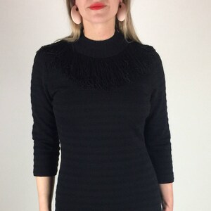 Vintage 60's black shadow stripe fitted knit fringe detail dress image 5