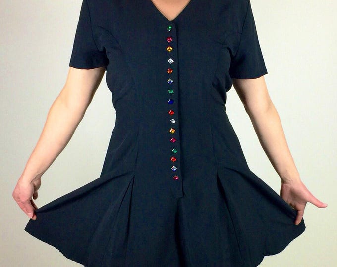 Vintage 80's 90's black multicolored diamond crystal buttons tie back romper