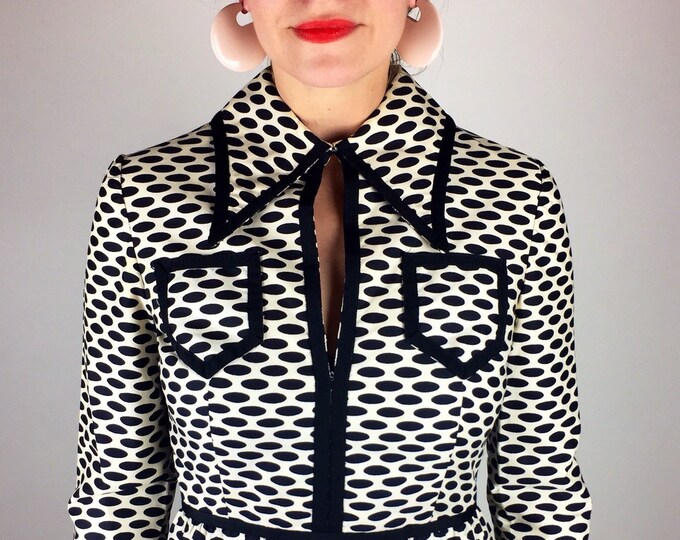 Vintage 60's designer Oscar de la Renta black ivory oval dot illusion graphic dress