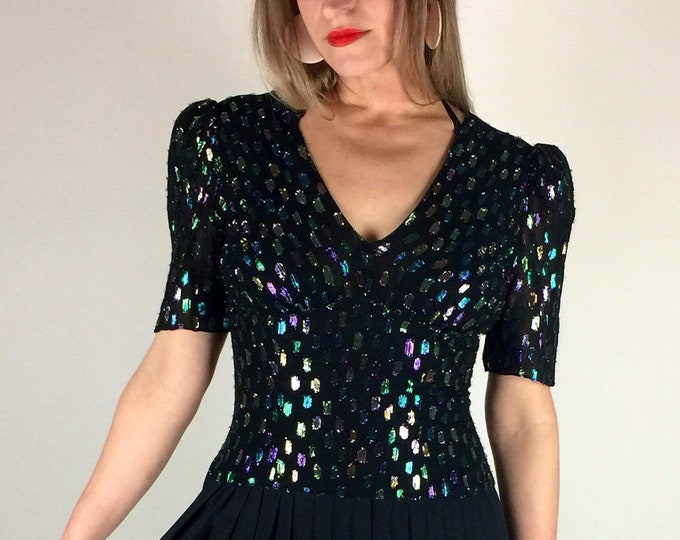 Vintage 80's 90's black multicolored metallic pleated skirt midi length dress
