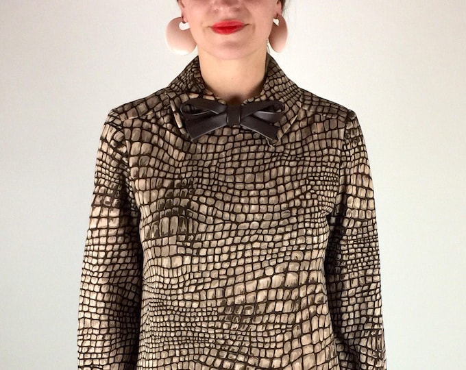 Vintage 60's mod alligator print long sleeve leather neck bow dress