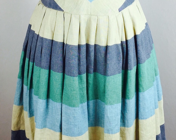 Vintage 90's does 50's V neck thick textured linen cotton full skirted dress
