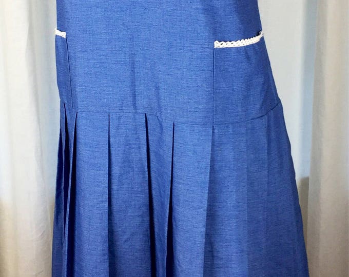 Vintage 60's blue denim chambray drop waist pocketed pleated skirt dress crochet trim