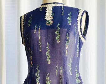 Vintage 60's designer blue sheer floral fit and flare princess seamed dress