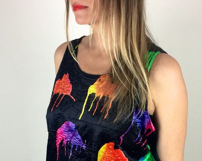 Vintage 90's bright artsy crushed black velvet tank with fluorescent rainbow colored paint splatter print