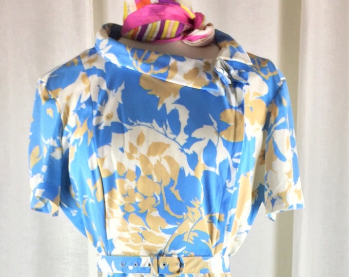 Vintage  50's 60's portrait collar ribbon trimmed abstract floral belted day dress