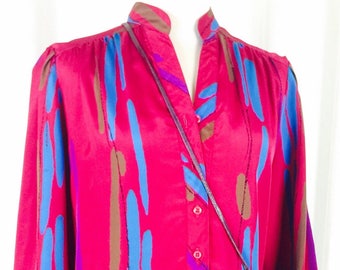 Vintage 70's bright raspberry silky poly blend abstract geometric vertical print dress