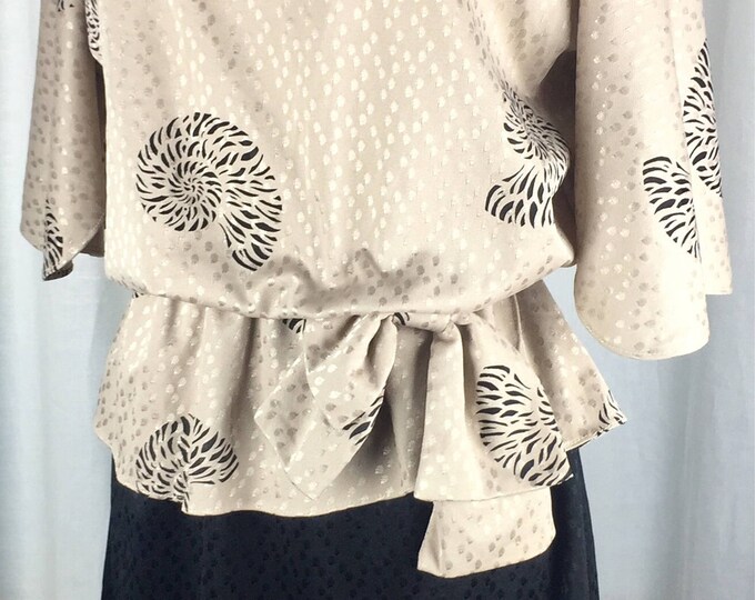 Vintage 80s Working girl style peplum blouse print jacquard fabric dress