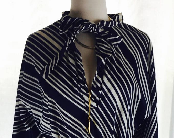 Vintage 70's secretary navy and cream asymmetrical striped tie neck pussy bow midi length career day dress