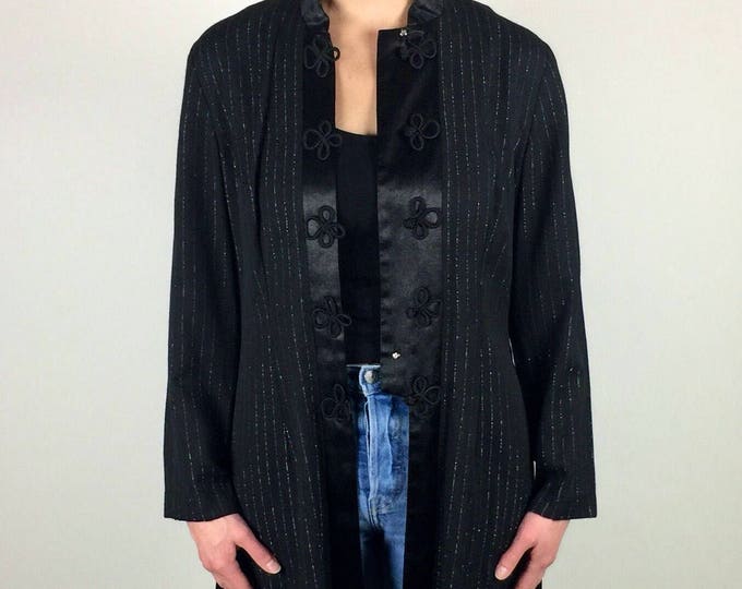 Vintage 80's 90's black silver metallic stripe kimono evening jacket