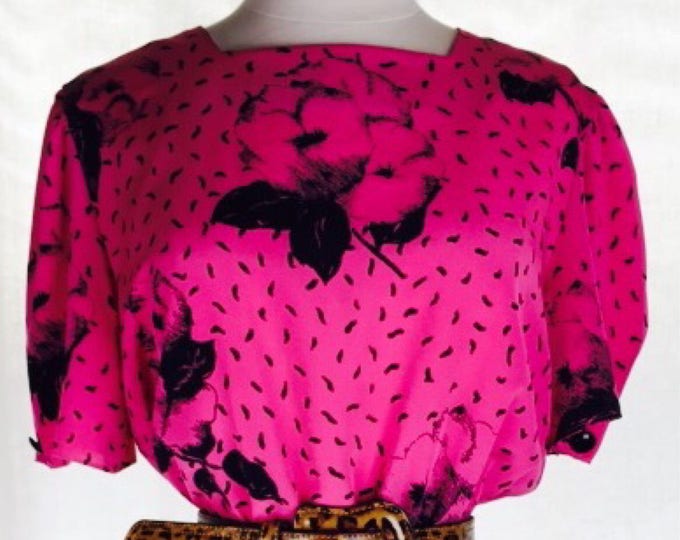 Vintage 80's pink and black abstract modern floral print day dress