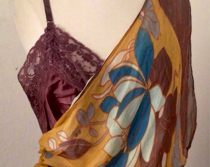 Vintage 90's grunge bohemian feminine up cycled 50's over dyed silk chemise tank with  vintage 50's silk scarf draping