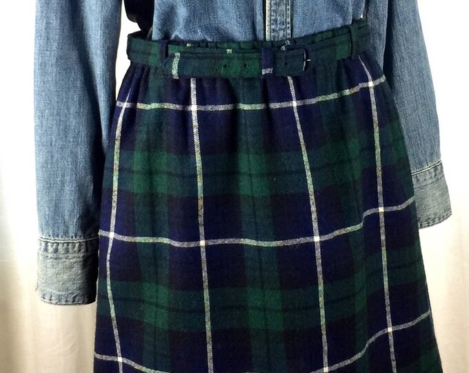 Vintage 60's 70's school girl style belted plaid wool mini skirt