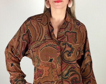 Vintage 90's designer tan paisley tunic style silk blouse
