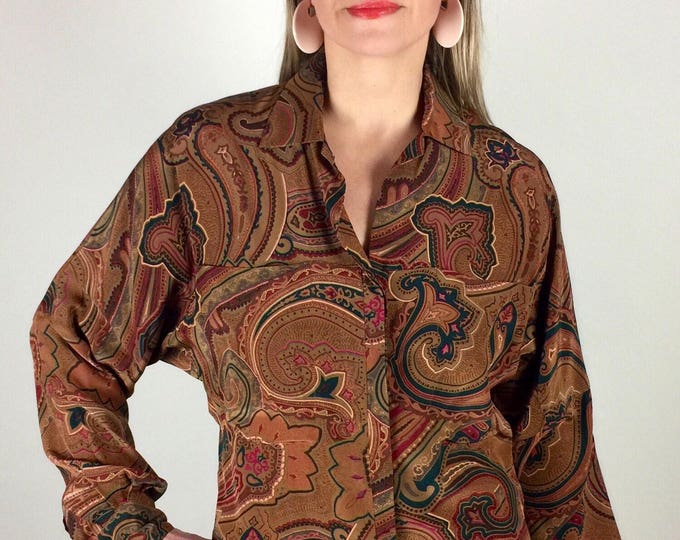 Vintage 90's designer tan paisley tunic style silk blouse