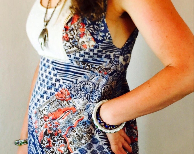 Vintage 60's 70's boho batik print cotton eyelet detail dress