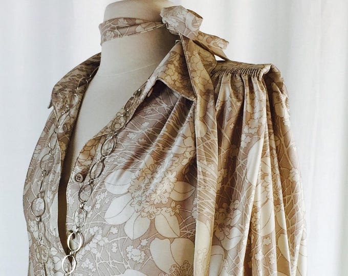 Vintage 70's  shiny beige fantasy floral print poet tunic blouse